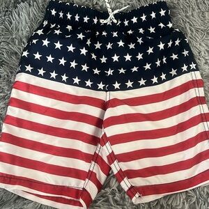 American Flag swim trunks M 8 drawstring board shorts Patriotic USA mesh lining